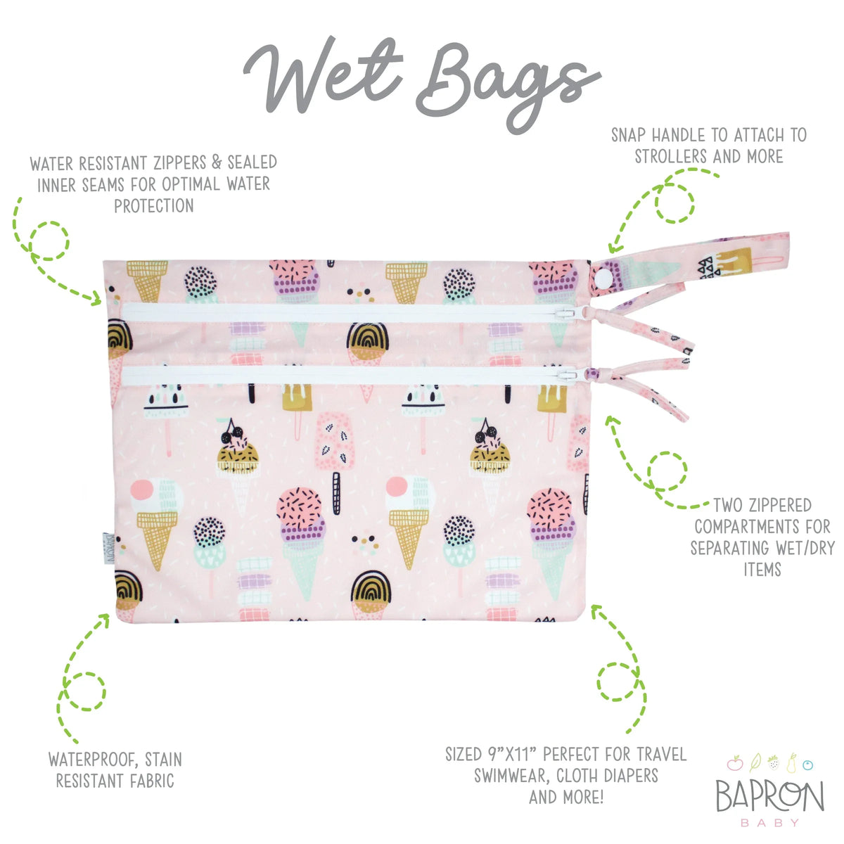 Pink Ice Cream - Waterproof Wet Bag (For mealtime, on-the-go, and more!) - BIG FRENCHIES