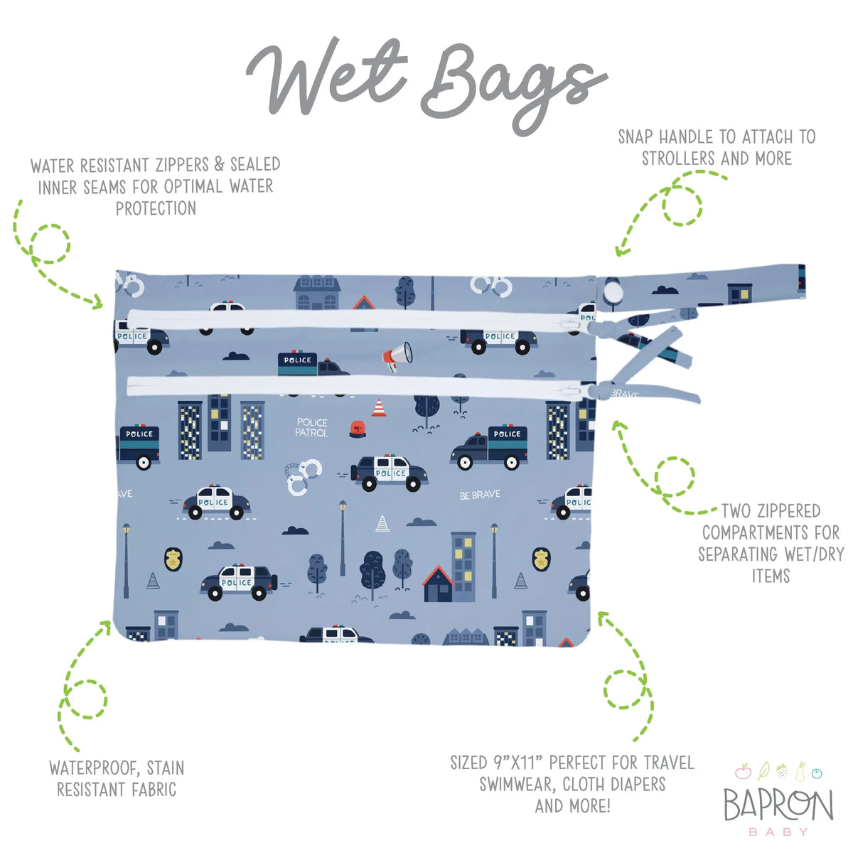 Be Brave - Police Patrol - Waterproof Wet Bag (For mealtime, on-the-go, and more!) - BIG FRENCHIES