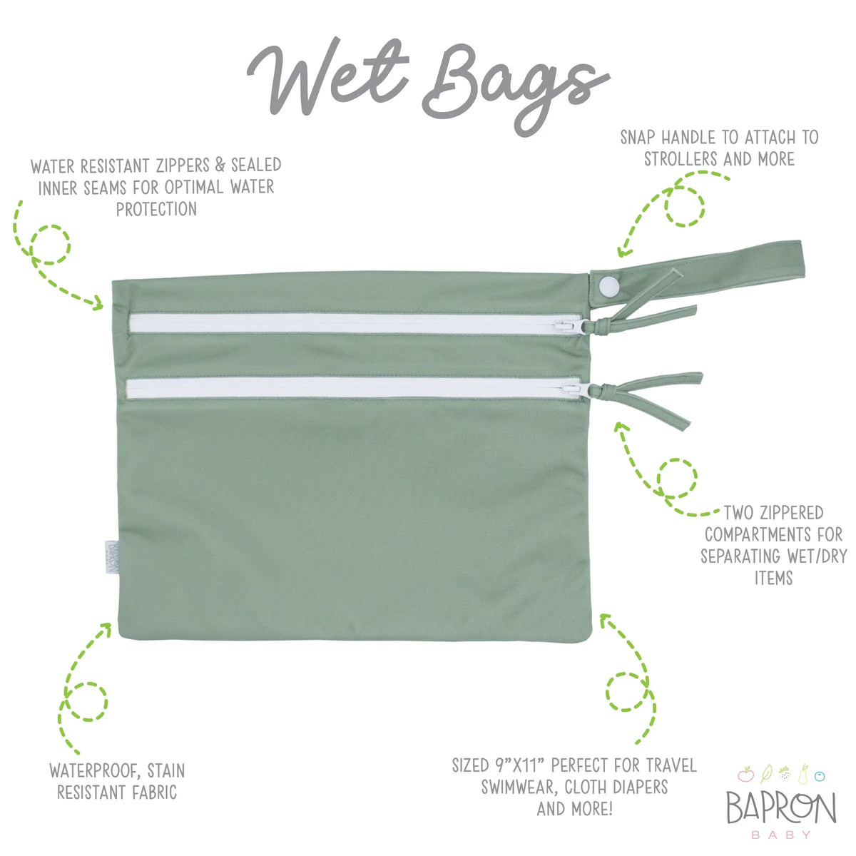 Solid Sage Minimalist - Waterproof Wet Bag (For mealtime, on-the-go, and more!) - BIG FRENCHIES