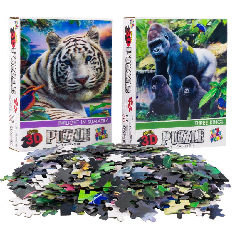 White Tiger & Gorillas Set of 2 300 Piece Lenticular Jigsaw Puzzles Prime 3D - BIG FRENCHIES