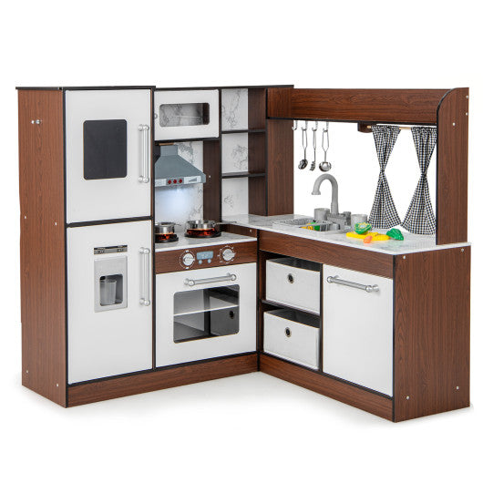 Wooden Corner Play Kitchen with Water Circulation System and Lights-Brown - BIG FRENCHIES