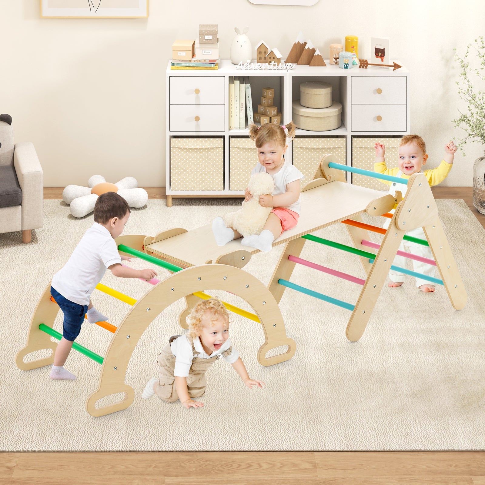 5-in-1 Wooden Kids Climber Toys with Triangle Arch Ramp