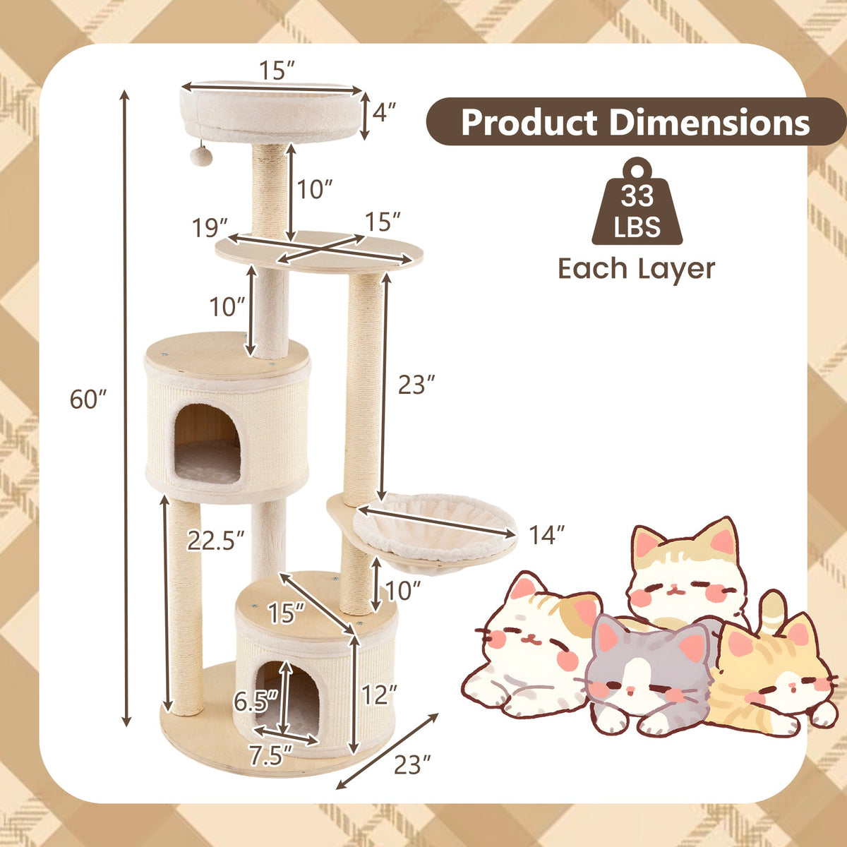 Wooden Kitten Tower with Sisal Scratching Posts and 2 Condos-Natural