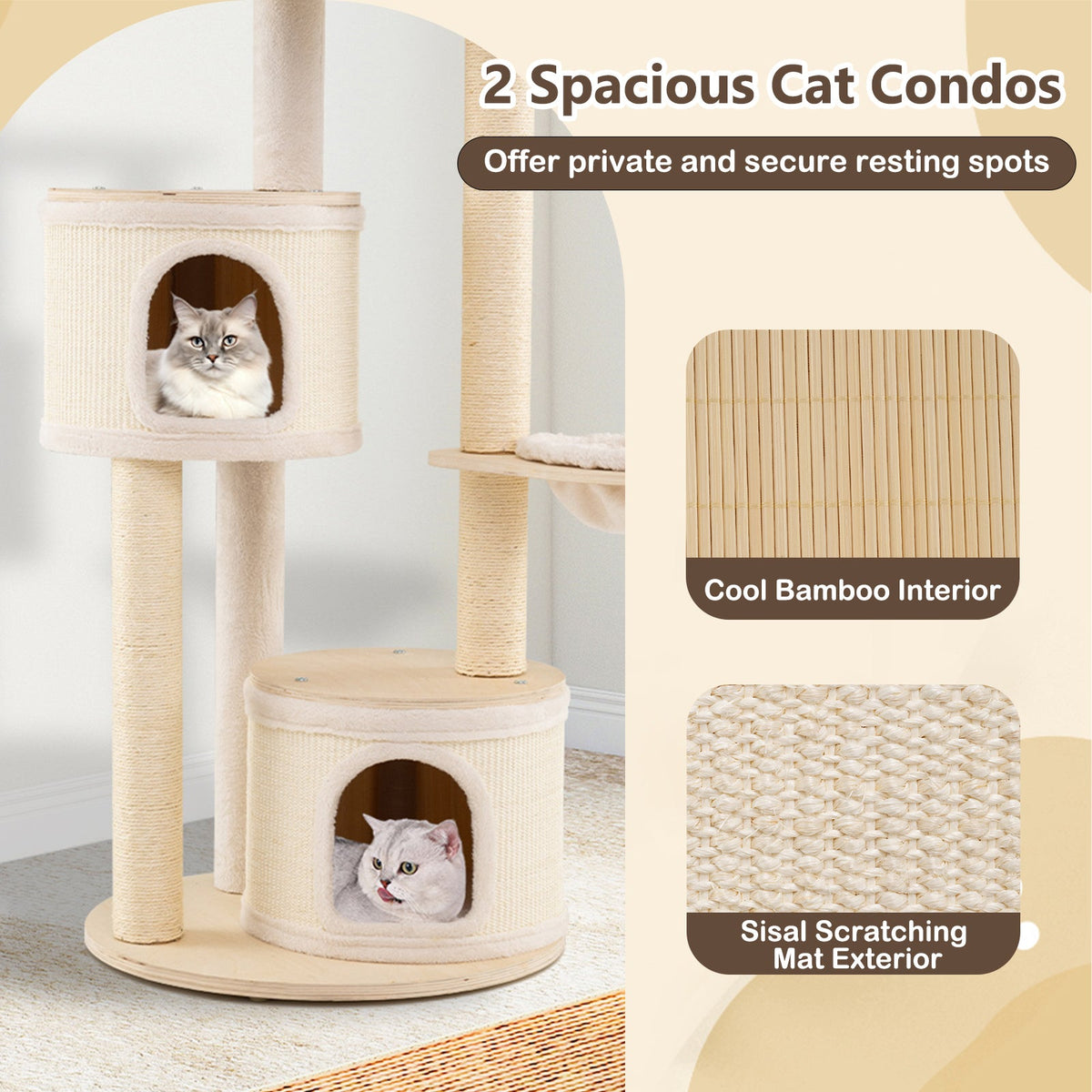 Wooden Kitten Tower with Sisal Scratching Posts and 2 Condos-Natural