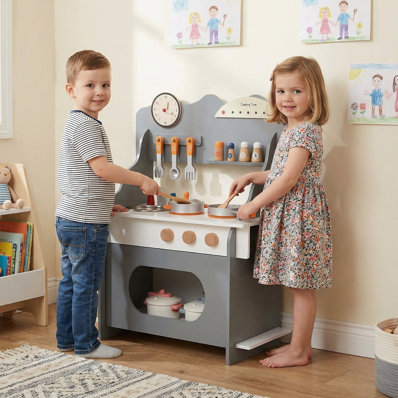 Wooden Play Kitchen for Kids Pretend Play Toy Kitchen Set with Clock Gift for Boys and Girls 3 +Pink