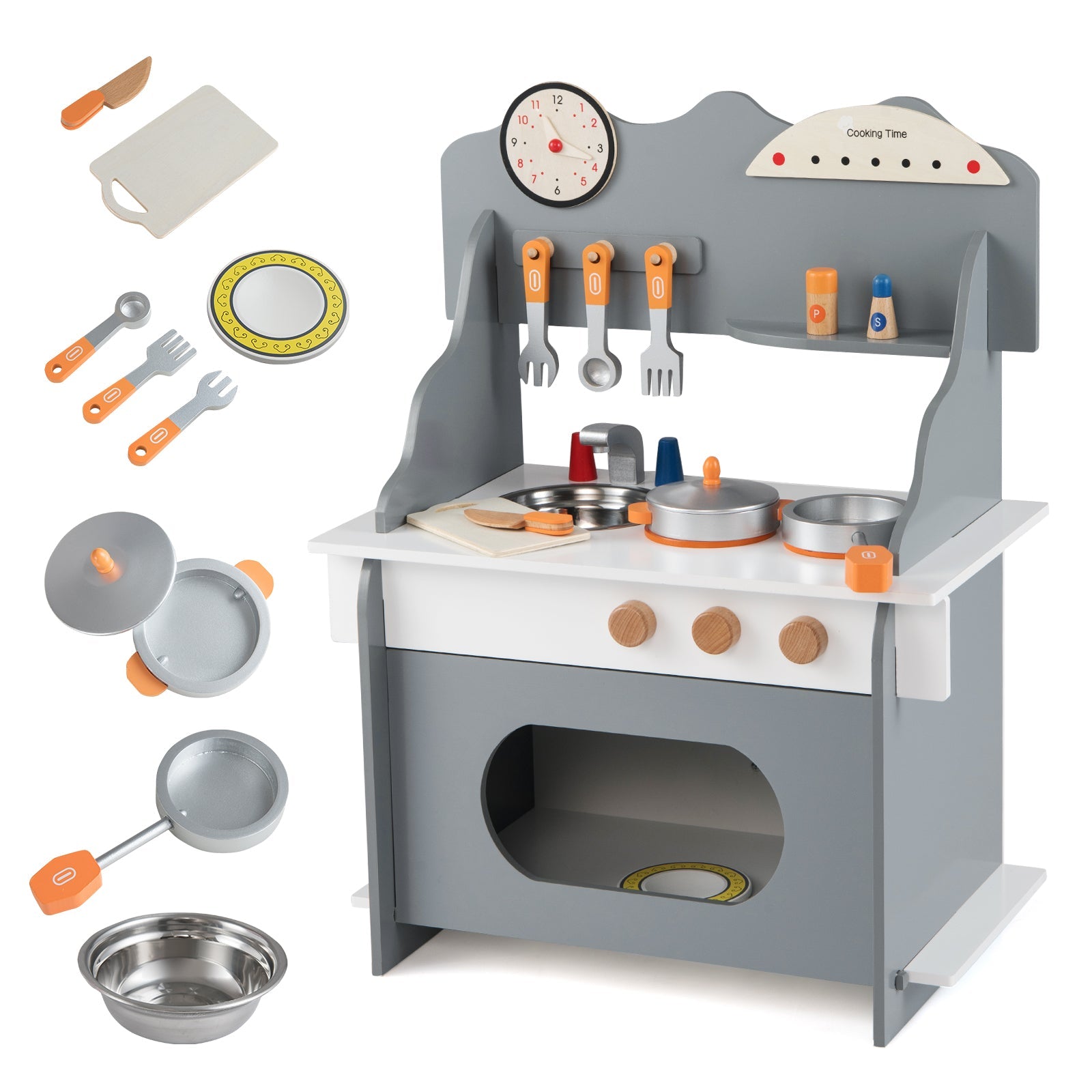 Wooden Play Kitchen for Kids Pretend Play Toy Kitchen Set with Clock Gift for Boys and Girls 3 +Pink