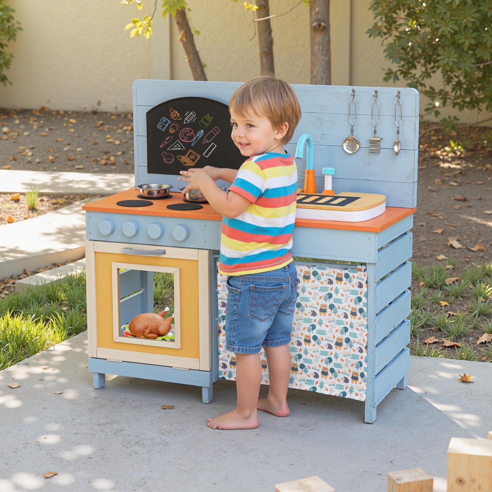 Wooden Toy Kitchen Playset with Removable Circulation Faucet and Cooking Accessories-Blue