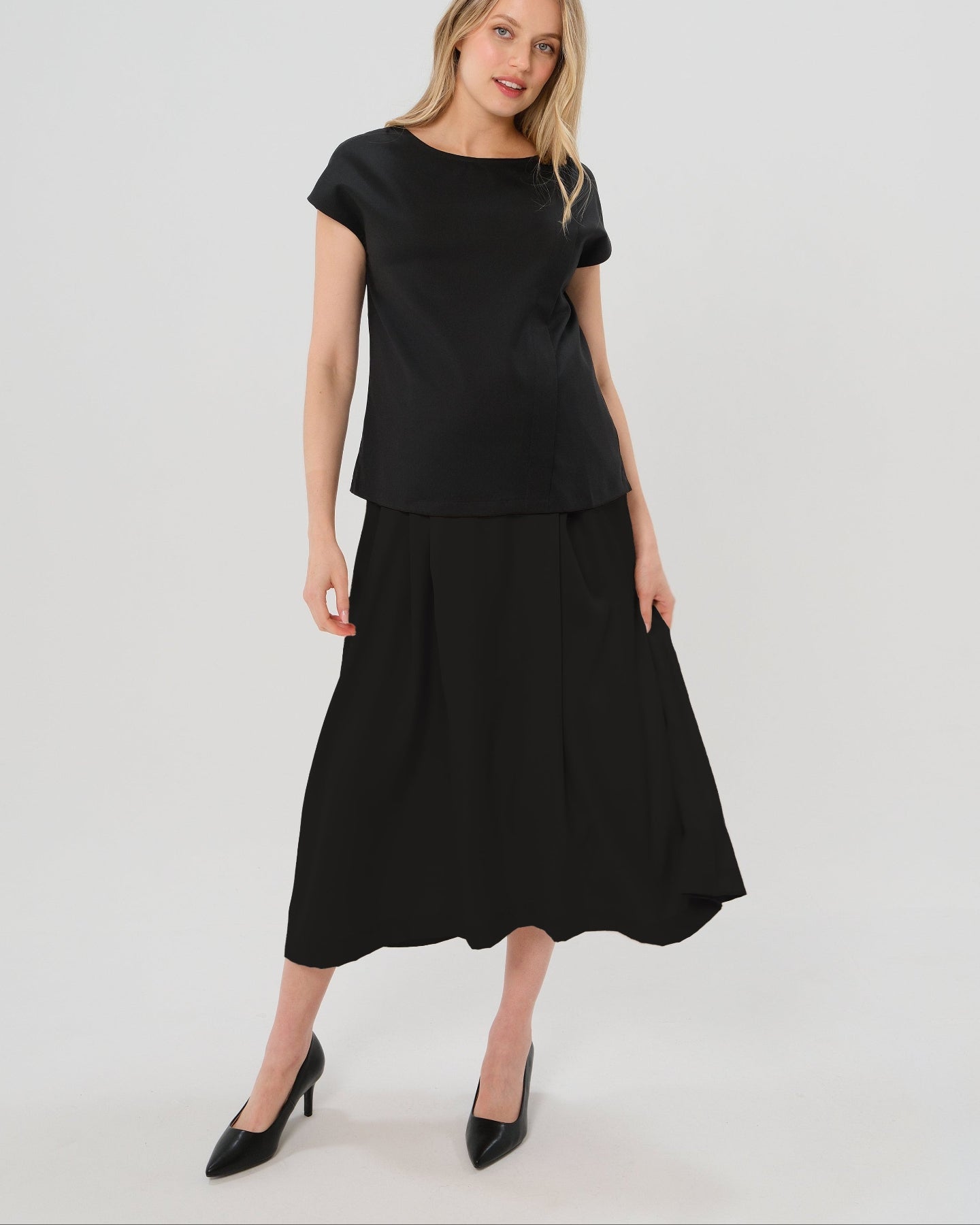 Over-Under Bump Pleated Maternity Maxi Skirt in All-Season Wool Blend - BIG FRENCHIES