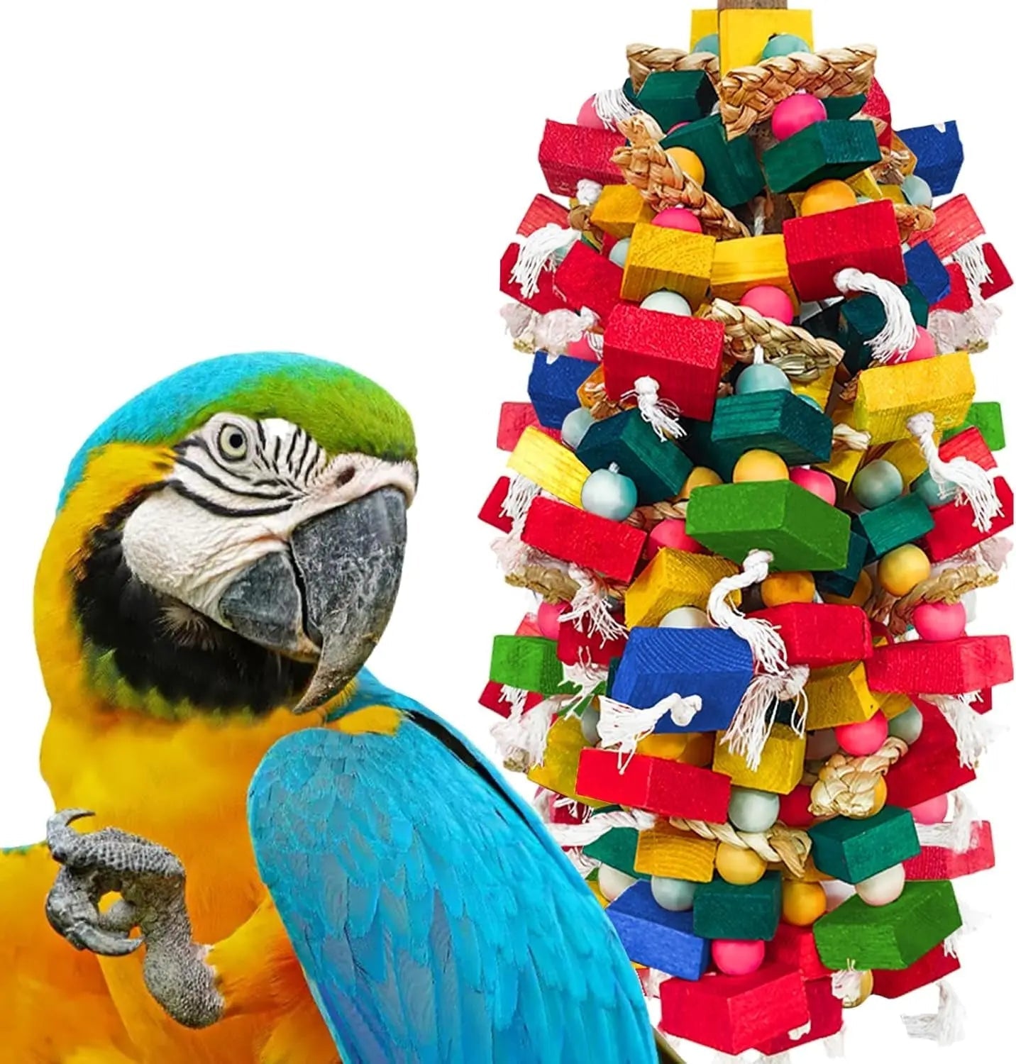 XL Parrot Toy – Natural Wood & Cotton Chew Toy for Macaws, Cockatoos & Amazons