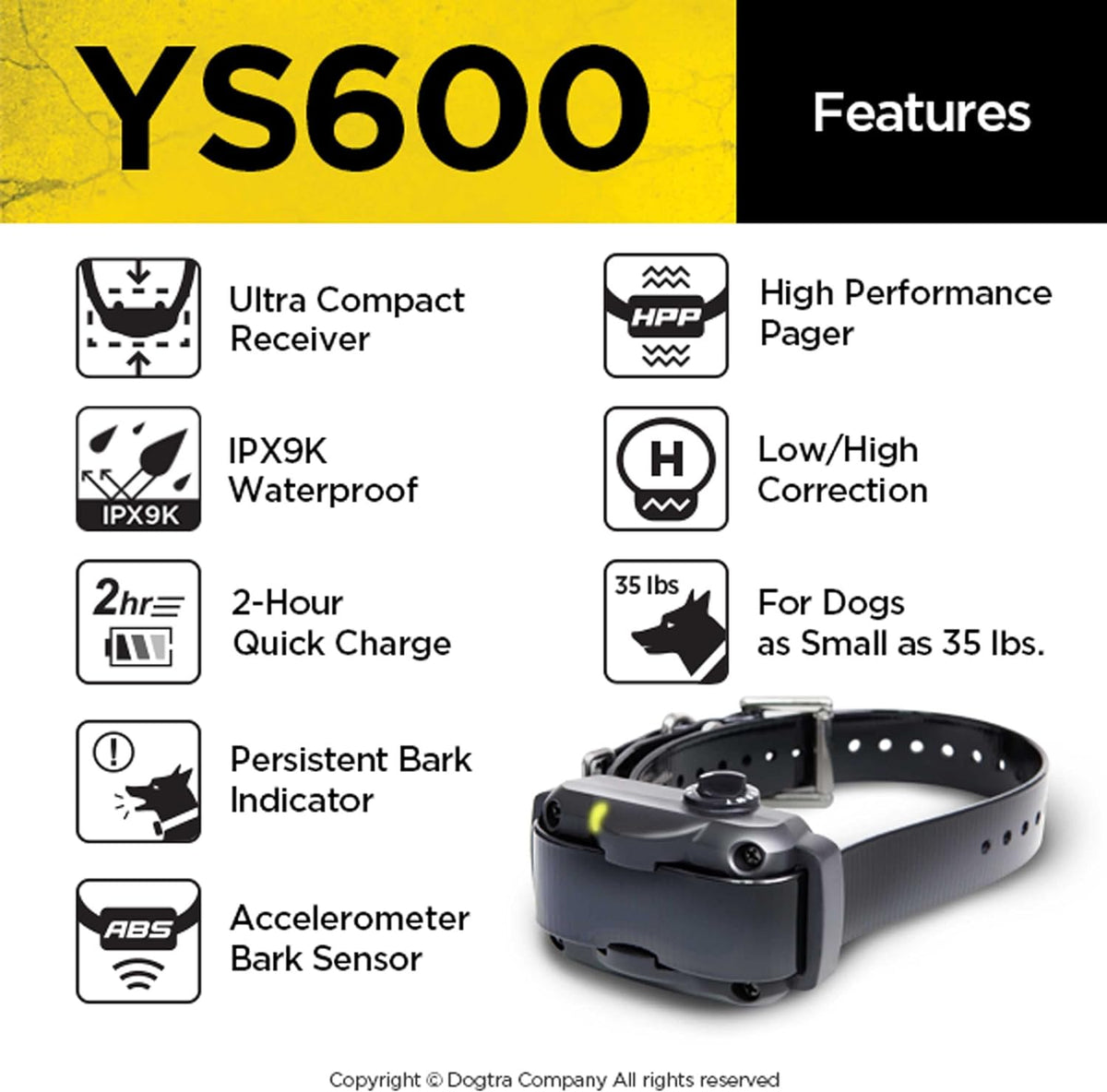 Dogtra YS600 Bark Control Collar for Dogs 35 lbs and Up - Advanced Bark Sensor, 10 Intensity Levels