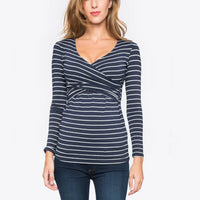 Women's Striped Long Sleeve V Neck Nursing T-Shirt - # BAGE211510104-NURSG