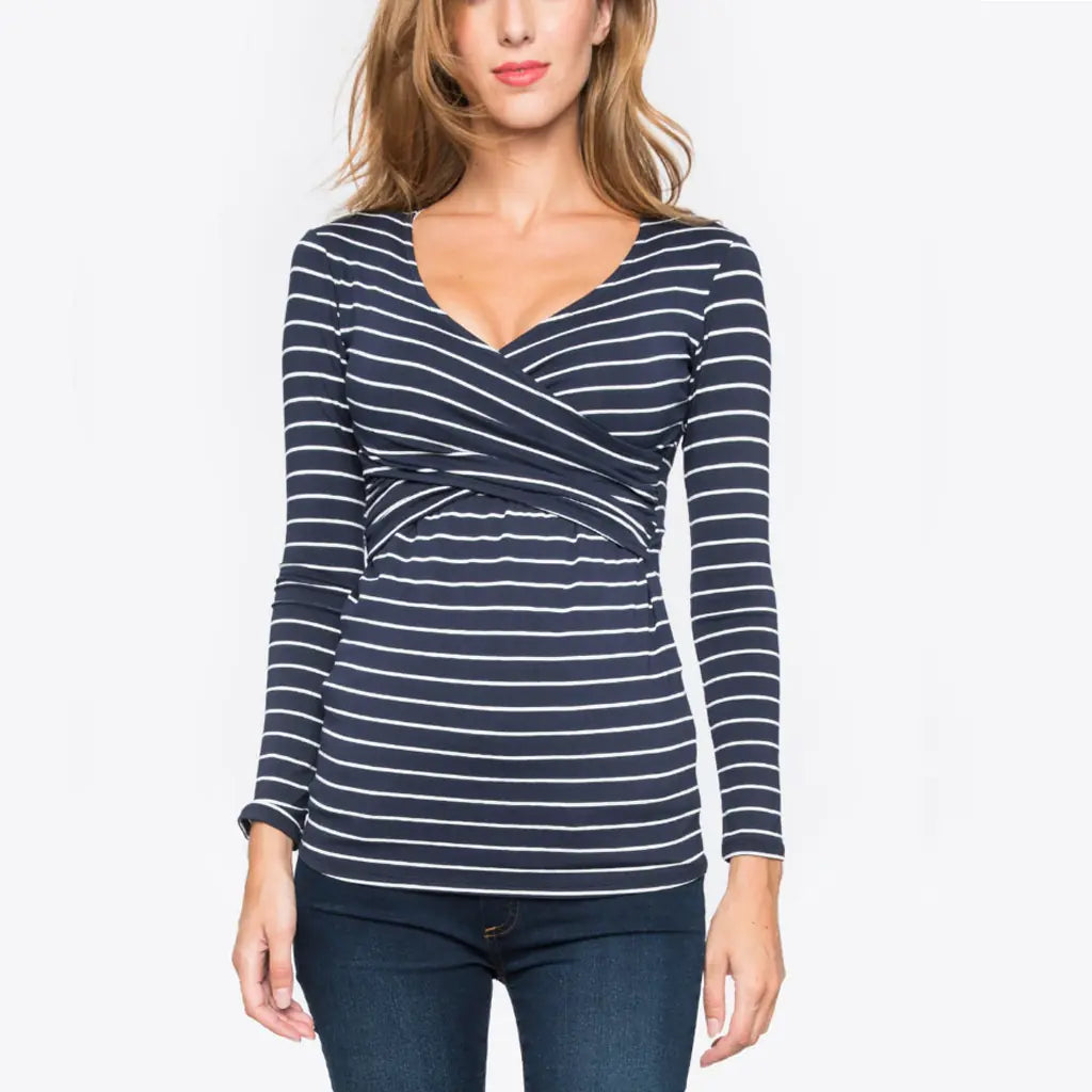 Women's Striped Long Sleeve V Neck Nursing T-Shirt - # BAGE211510104-NURSG