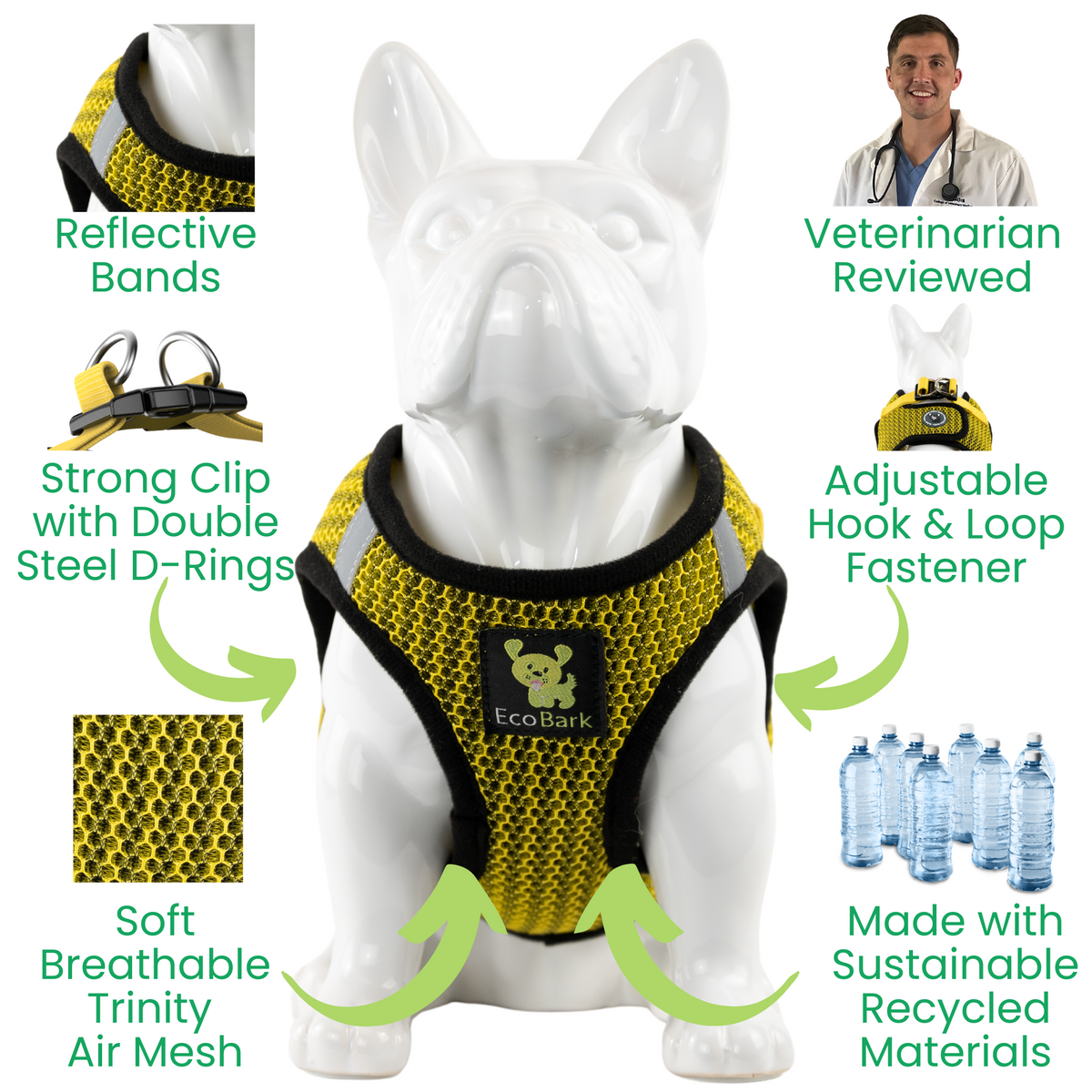 EcoBark Yellow Step In Dog Harness - Rapid Fastener Reflective Soft Mesh Vest Halter for XXXS to Small Dogs - BIG FRENCHIES