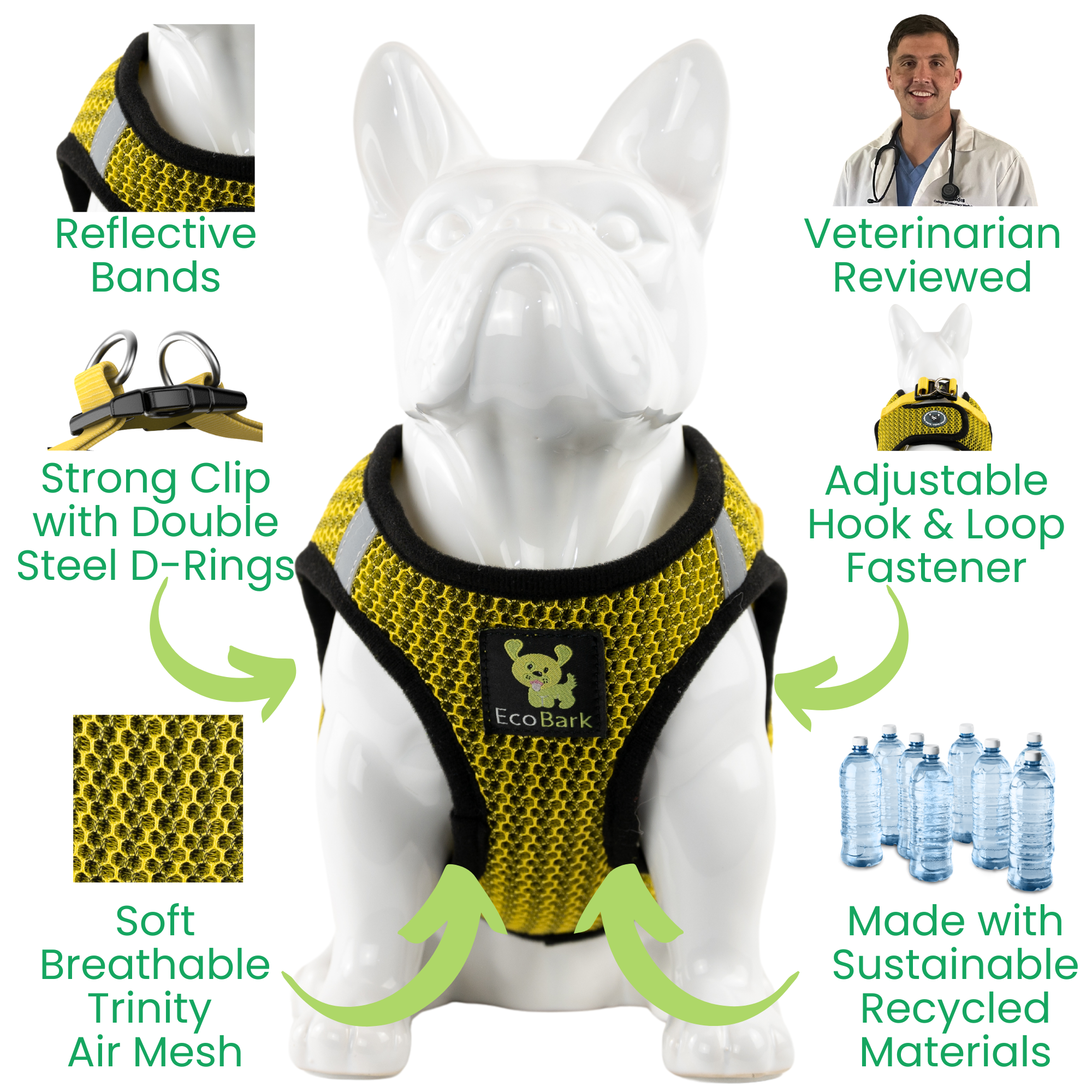EcoBark Yellow Step In Dog Harness - Rapid Fastener Reflective Soft Mesh Vest Halter for XXXS to Small Dogs - BIG FRENCHIES