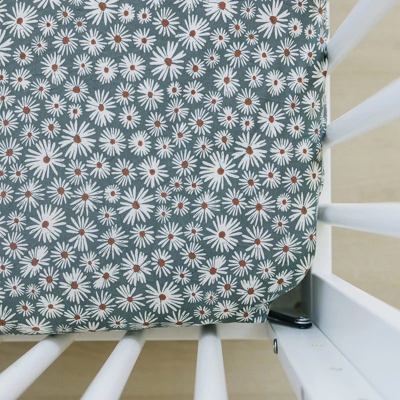 Dark Green Daisy Bamboo Stretch Crib Sheet - BIG FRENCHIES