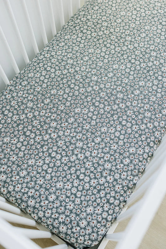 Dark Green Daisy Bamboo Stretch Crib Sheet - BIG FRENCHIES
