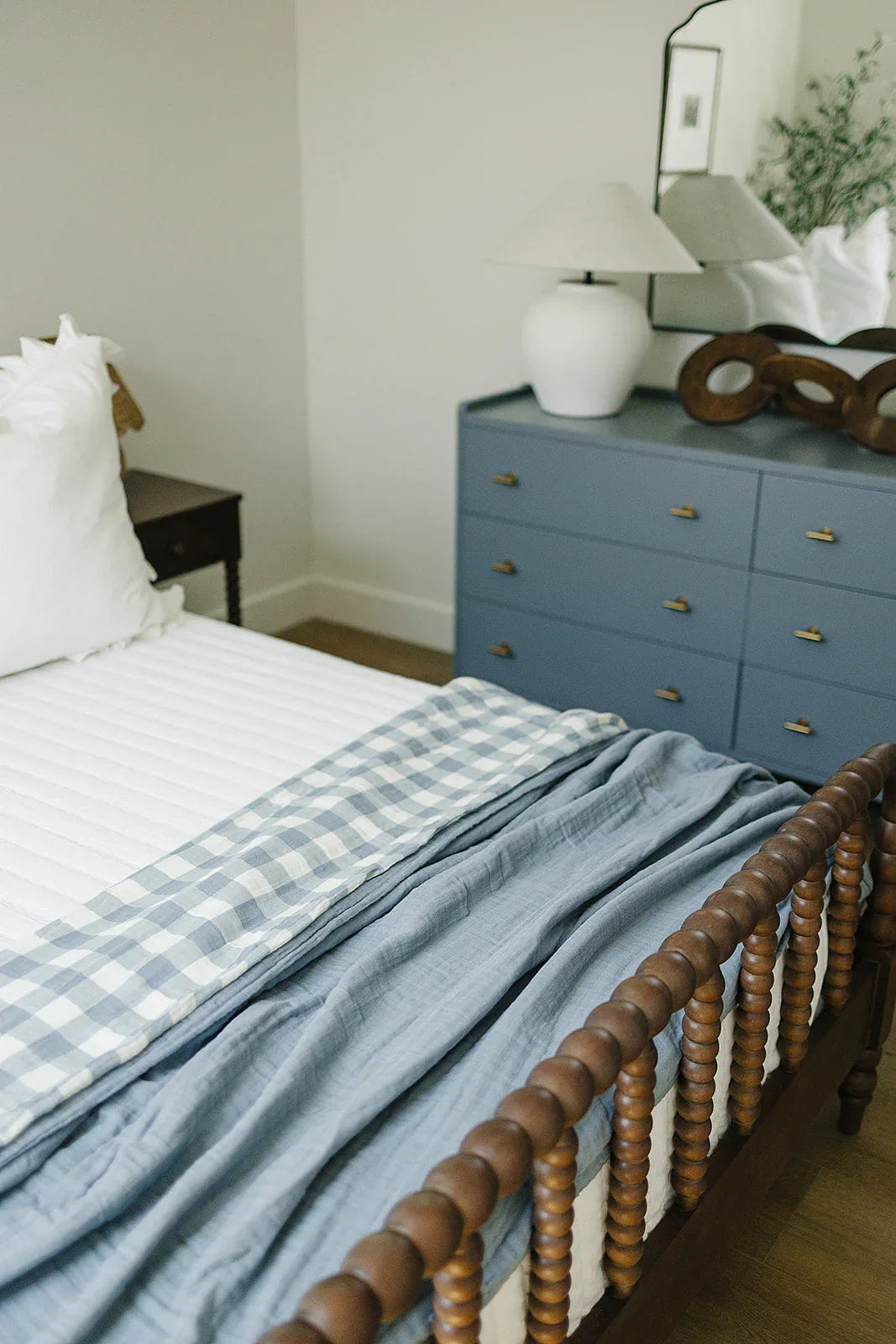 Dusty Blue Gingham Twin Muslin Quilt - BIG FRENCHIES