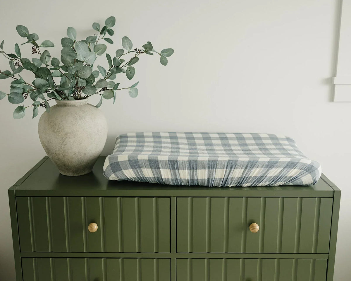 Dusty Blue Gingham Muslin Changing Pad Cover - BIG FRENCHIES