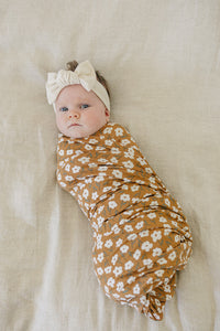 Mustard Floral Ribbed Bamboo Stretch Swaddle