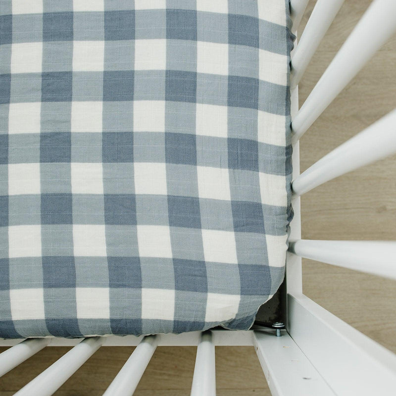 Dusty Blue Gingham Muslin Crib Sheet - BIG FRENCHIES