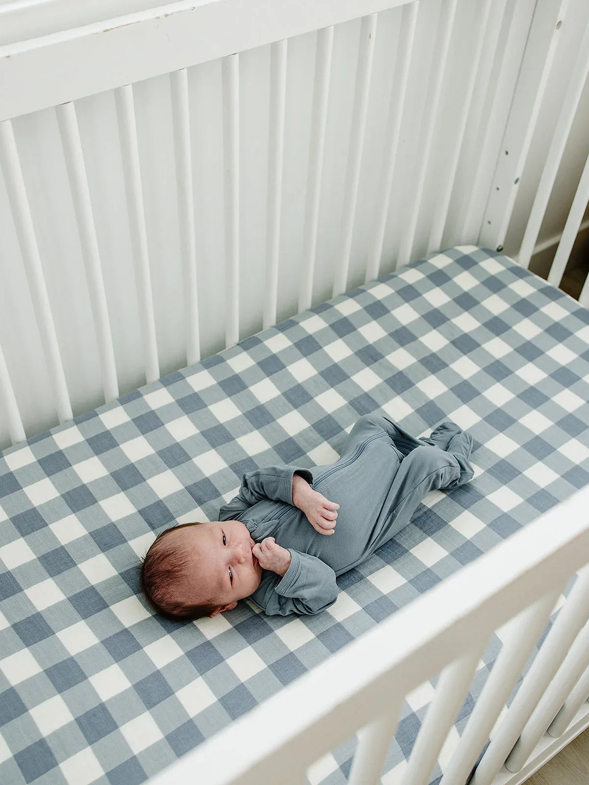 Dusty Blue Gingham Muslin Crib Sheet - BIG FRENCHIES
