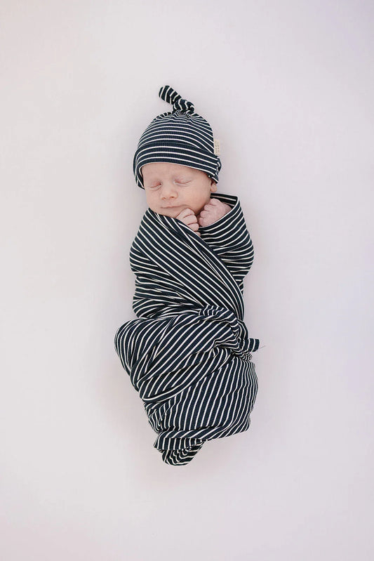 Navy Stripes Ribbed Bamboo Stretch Swaddle - BIG FRENCHIES