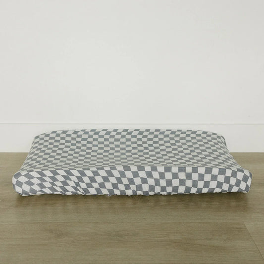 Dusty Blue Wavy Checkered Muslin Changing Pad Cover - BIG FRENCHIES