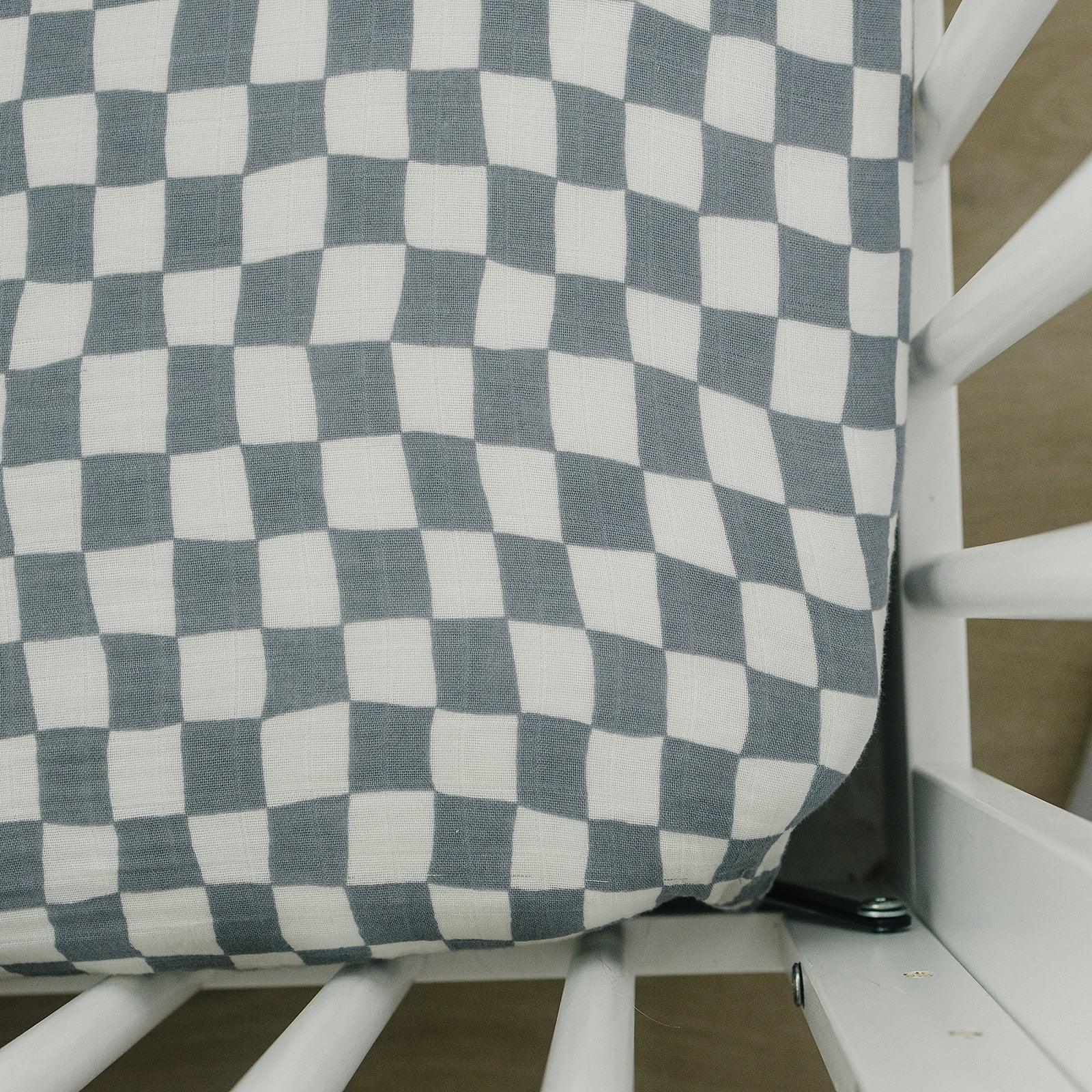 Dusty Blue Wavy Checkered Muslin Crib Sheet - BIG FRENCHIES