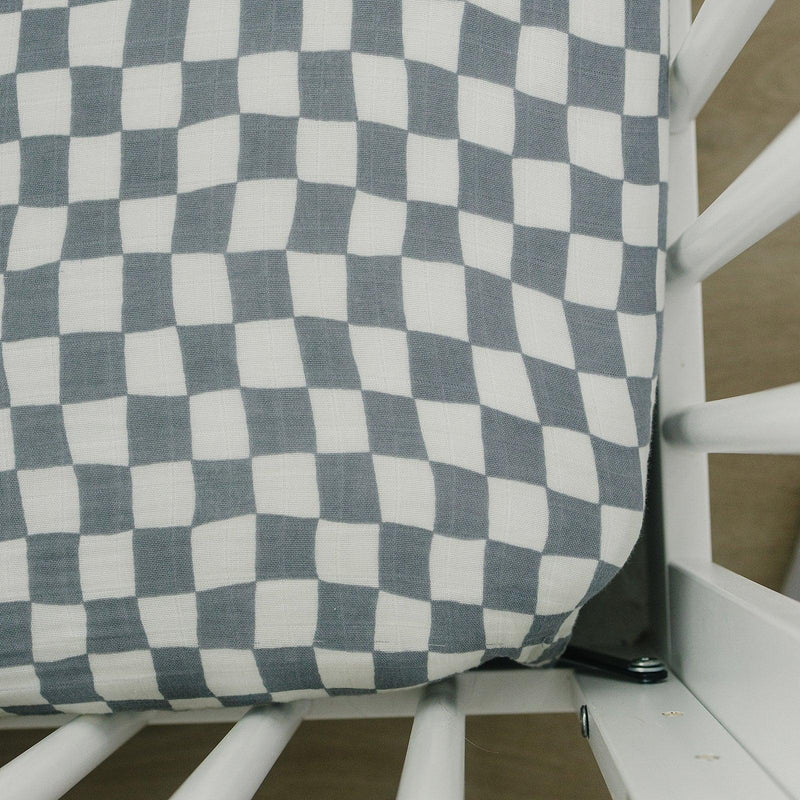 Dusty Blue Wavy Checkered Muslin Crib Sheet - BIG FRENCHIES