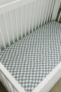 Dusty Blue Wavy Checkered Muslin Crib Sheet - BIG FRENCHIES