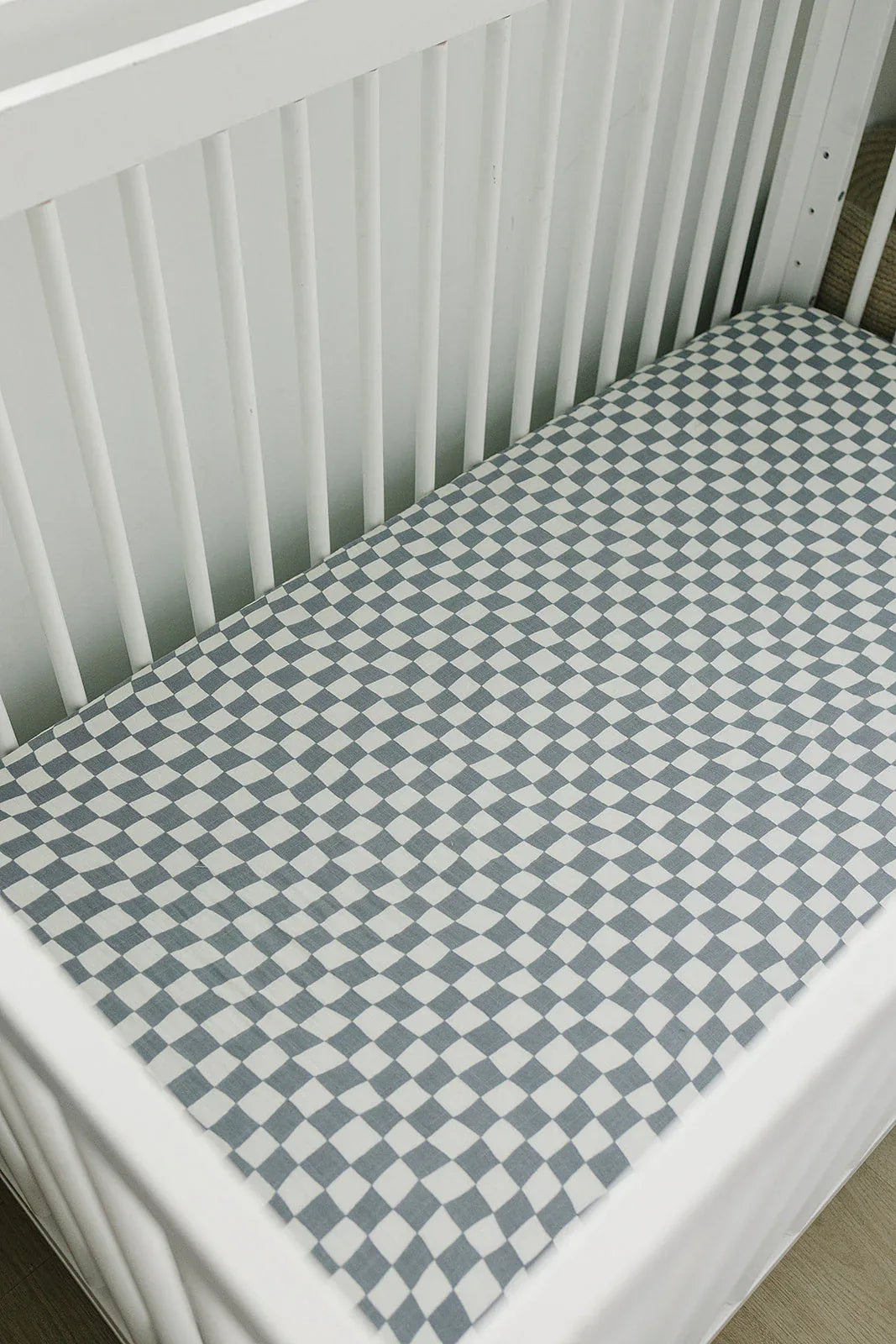 Dusty Blue Wavy Checkered Muslin Crib Sheet - BIG FRENCHIES