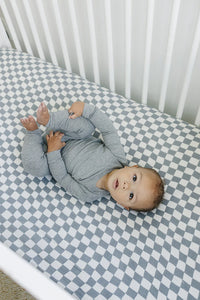 Dusty Blue Wavy Checkered Muslin Crib Sheet - BIG FRENCHIES