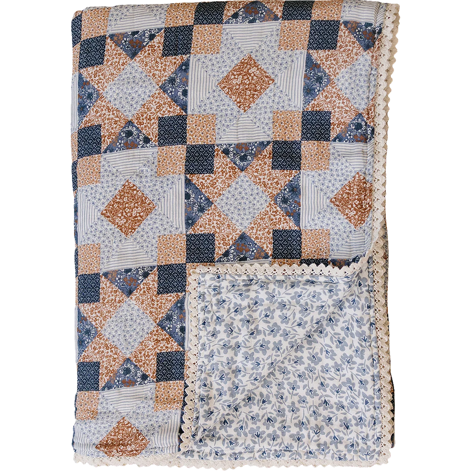 Patchwork Print + Blue Blossom Lace Twin Muslin Quilt - BIG FRENCHIES