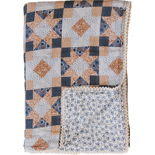 Patchwork Print + Blue Blossom Lace Twin Muslin Quilt - BIG FRENCHIES