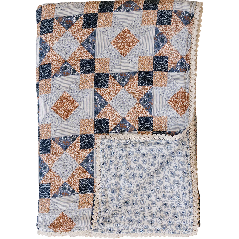 Patchwork Print + Blue Blossom Lace Twin Muslin Quilt - BIG FRENCHIES