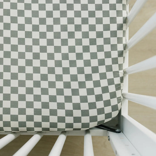 Light Green Checkered Bamboo Stretch Crib Sheet - BIG FRENCHIES