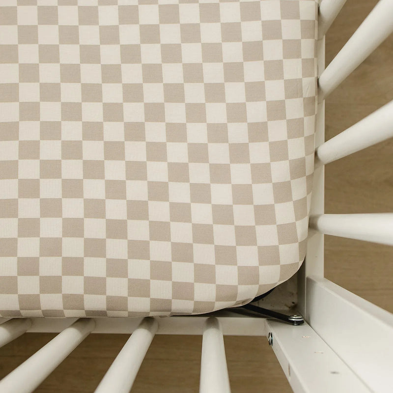 Taupe Checkered Bamboo Stretch Crib Sheet - BIG FRENCHIES