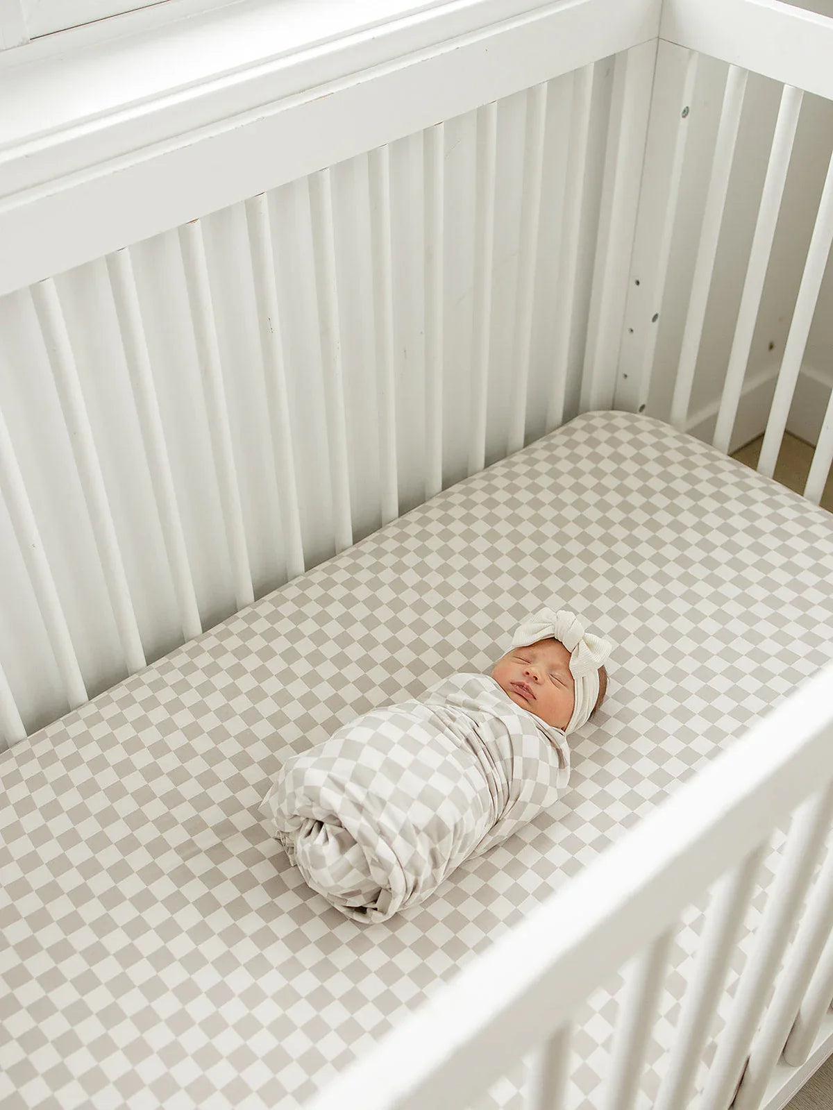 Taupe Checkered Bamboo Stretch Crib Sheet - BIG FRENCHIES