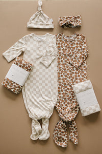Taupe Checkered Bamboo Newborn Knot Hat - BIG FRENCHIES