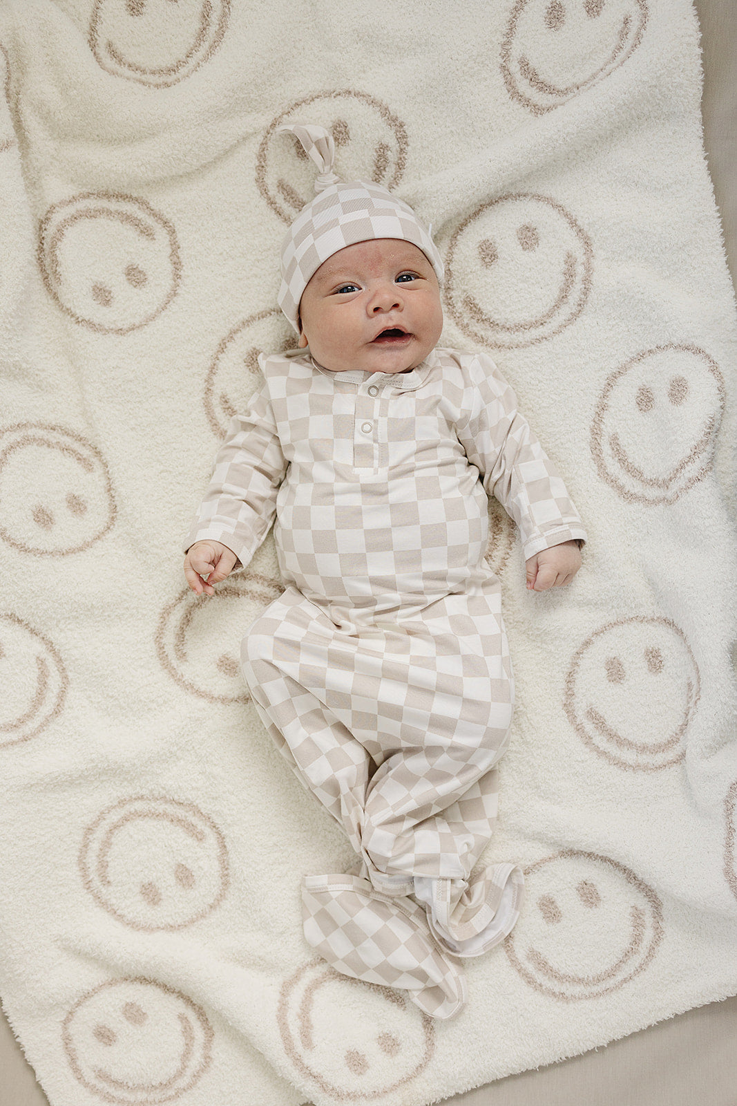 Taupe Checkered Bamboo Newborn Knot Hat - BIG FRENCHIES