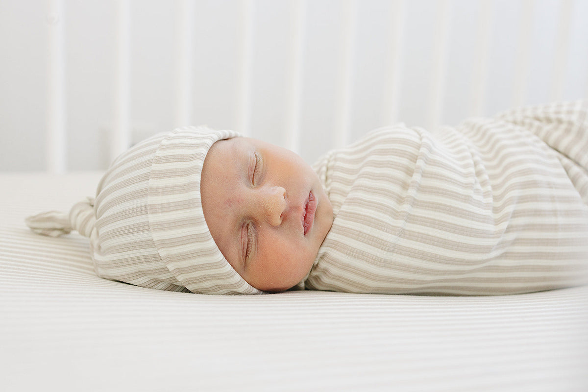 Taupe Stripe Ribbed Bamboo Newborn Knot Hat - BIG FRENCHIES
