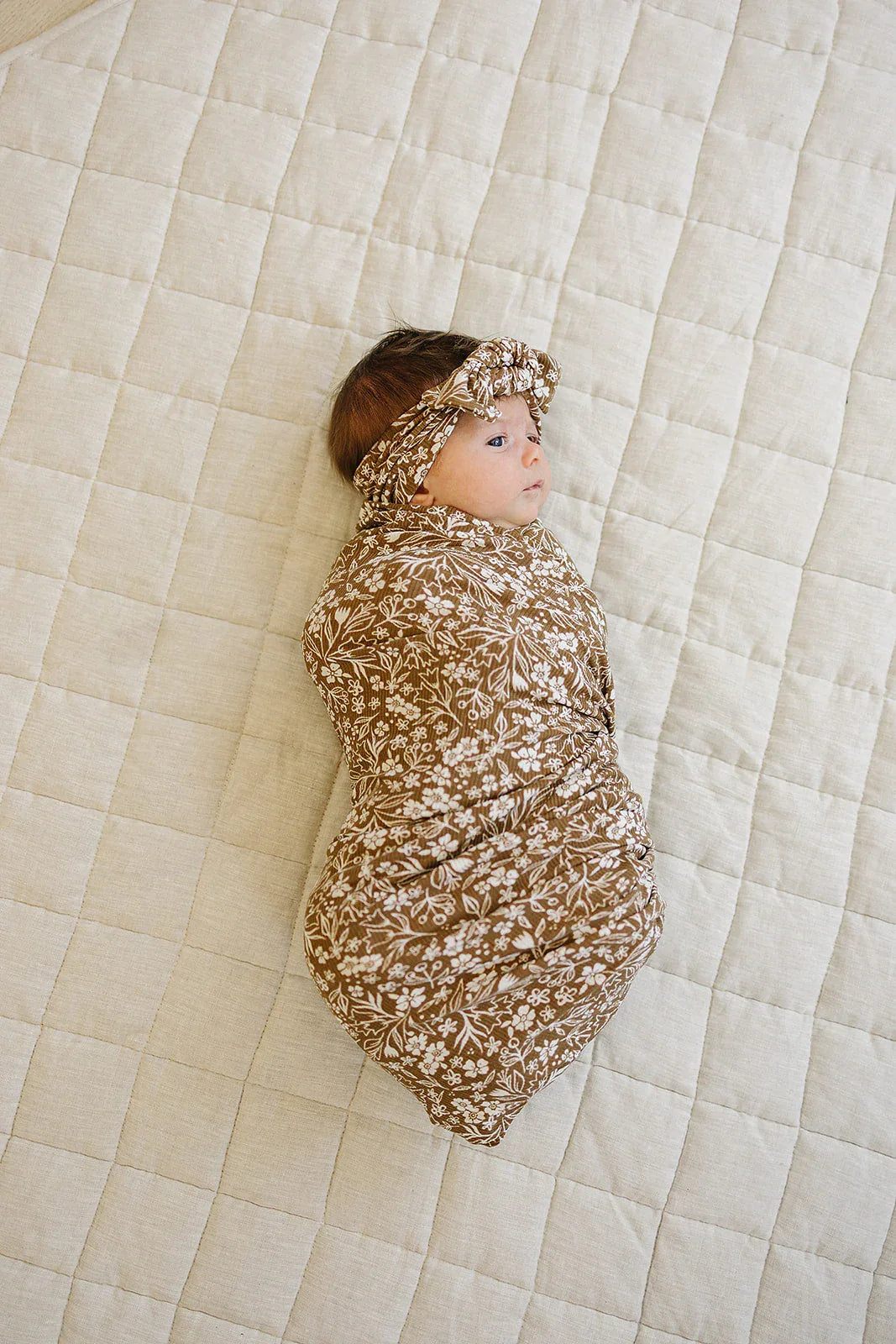 Brown Floral Ribbed Bamboo Stretch Swaddle - BIG FRENCHIES