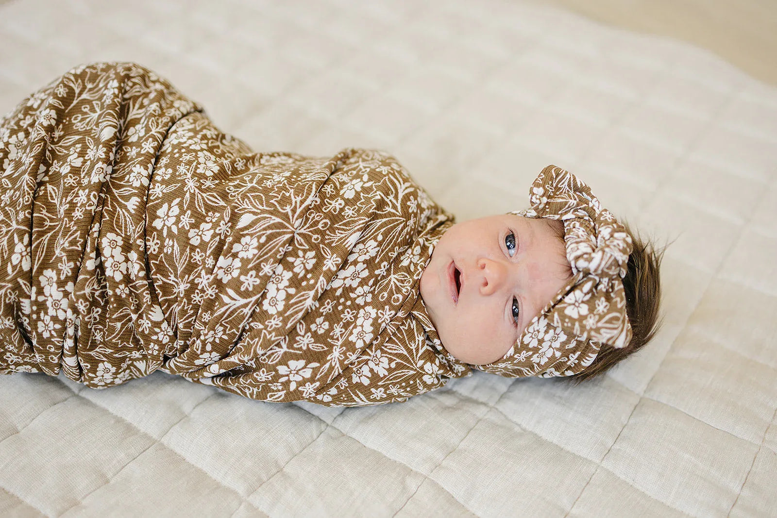 Brown Floral Ribbed Bamboo Stretch Swaddle - BIG FRENCHIES
