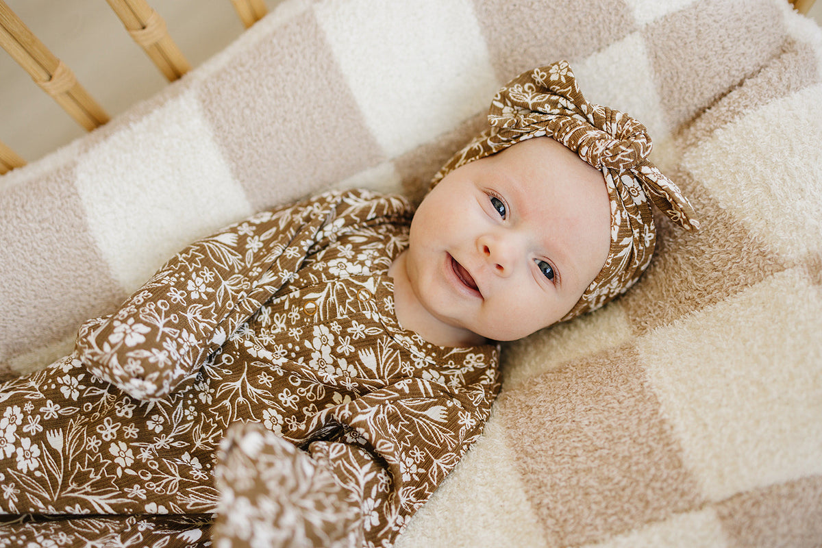 Brown Floral Ribbed Bamboo Head Wrap - BIG FRENCHIES