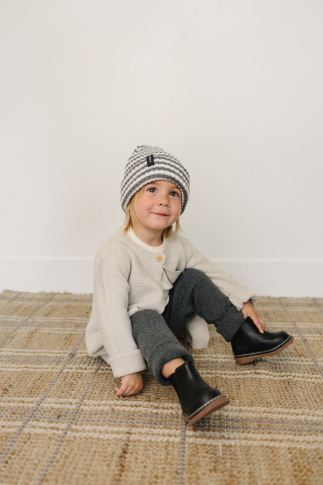Grey & White Stripe Chunky Knit Beanie - BIG FRENCHIES