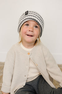 Grey & White Stripe Chunky Knit Beanie - BIG FRENCHIES