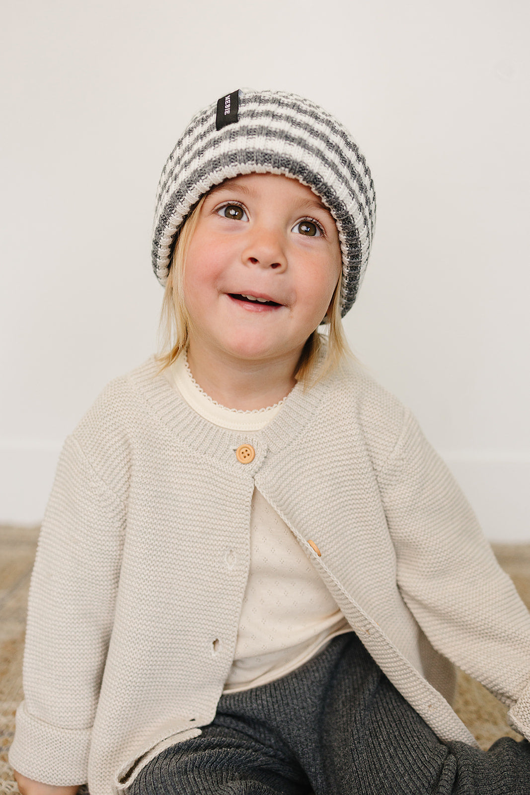 Grey & White Stripe Chunky Knit Beanie - BIG FRENCHIES