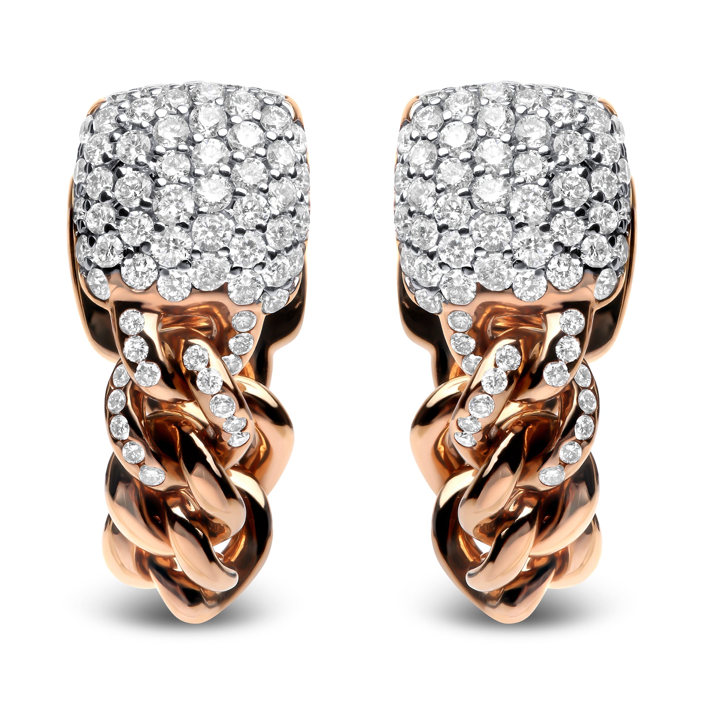 18K Rose Gold 3/4 Cttw Round Diamond Pave Cuban Chain Huggie Earrings (G-H Color, SI1-SI2 Clarity)