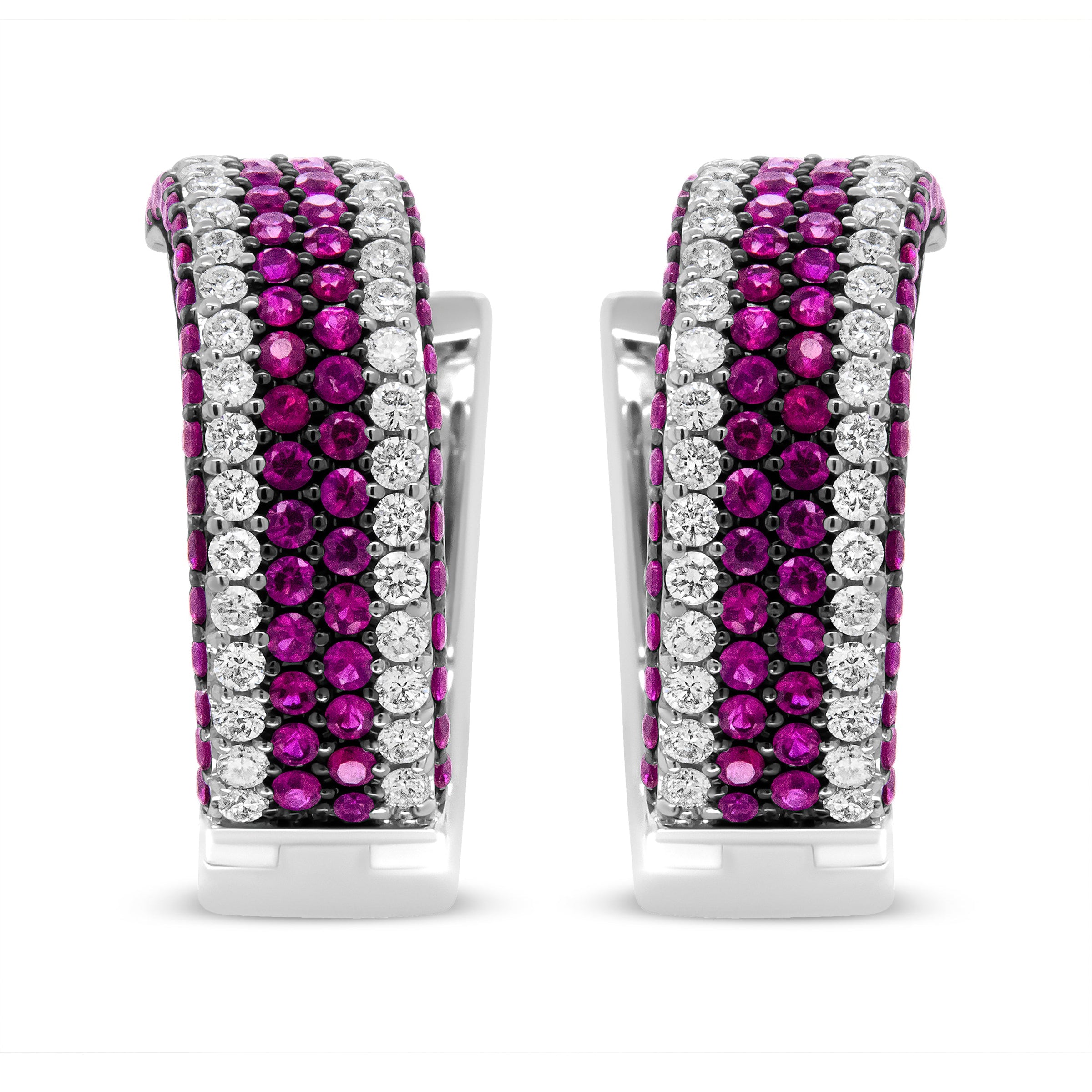 18K White Gold 1 7/8 Cttw Diamond and 1mm Round Red Ruby Open Swish Hoop Earrings (F-G Color, VS1-VS2 Clarity)