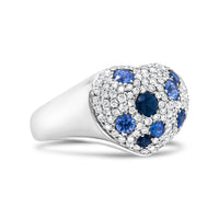 18K White Gold Blue Sapphire and 5/8 Cttw Diamond Cluster Heart Shaped  Ring (F-G Color, VS1-VS2 Clarity) - Size 7.5